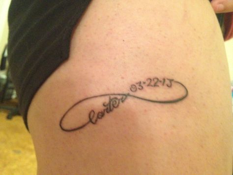 Infinity tattoo with Carter's name and Birthday on my thigh. Carter Name, Birthdate Tattoo, Name Tattoos For Moms, Name Tattoos On Wrist, Forearm Band Tattoos, Batman Tattoo, Tattoos With Kids Names, Tattoo Name, Omerta Tattoo