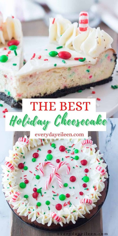 Enjoy an easy and festive Christmas Cheesecake, A peppermint cheesecake with a decadently delicious peppermint buttercream topping. Decorate the top of the festive cheesecake with holiday candies and candy canes. Use your favorite decorating tip to make festive designs on the cheesecake. Christmas Swirl Cheesecake, Christmas Cheesecake No Bake Easy Recipes, Candy Cane Cheesecake Recipes, Cheesecake Recipes Peppermint, Easy Peppermint Cheesecake, Christmas Cheesecake Bars Recipes, No Bake Christmas Tree Cheesecake, Icing For Cheesecake, Cheesecakes For Christmas