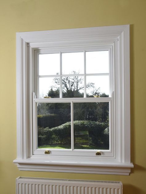 Sash window with decorative sash horns Sash Window Ironmongery, Victorian Window Trim, Window Architrave, Brass Ironmongery, Double Glazed Sash Windows, Cabin Windows, Victorian Windows, Furniture Styling, White Sash