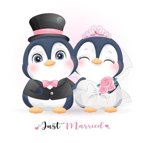 Cute doodle penguin with wedding clothes... | Premium Vector #Freepik #vector Cute Penguin Couple, Couple Doodle, Penguin Couple, Drawing Wedding Invitation, Cherry Blossom Wedding Invitations, Cherry Blossom Watercolor, Red Wedding Invitations, Floral Wedding Invitation Card, Cute Doodle