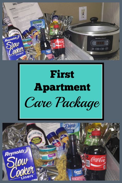 A first apartment care package. The package includes a slow cooker, pantry ingredients and recipes for bbq wings, chicken tacos and beef stroganoff. The recipes are also perfect for anyone cooking for 2. First Apartment Care Package, 1st Apartment Gift Basket, First Apartment Gift Basket, Apartment Gift Basket, Apartment Gifts, Moving Party, Apartment Warming Gifts, First Apartment Gift, College Apartment Diy