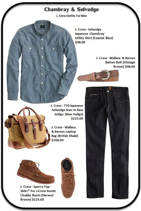 J. Crew Outfit ideas for men.  Chambray & Denim.  This is the timeless, classic way to wear chambray with raw selvedge denim. Men Chambray Shirt Outfit, Chambray Shirt Outfit Men, Selvedge Denim Outfit Men, Chambray Shirt Outfit, Chambray Shirt Outfits, Work Wear Men, Chambray Shirt Men, Denim Outfit Men, Shirt Outfit Men