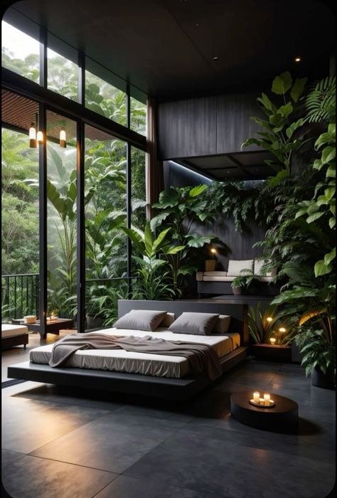 Interior Design Nature Theme Home Decor, Plant Bedroom Aesthetic Dark, Rain Forest House, Biophilic Design Bedroom, Biophilic Bedroom, Jungle Home, Deco Zen, Luxe Bedroom, Aesthetic Home Decor