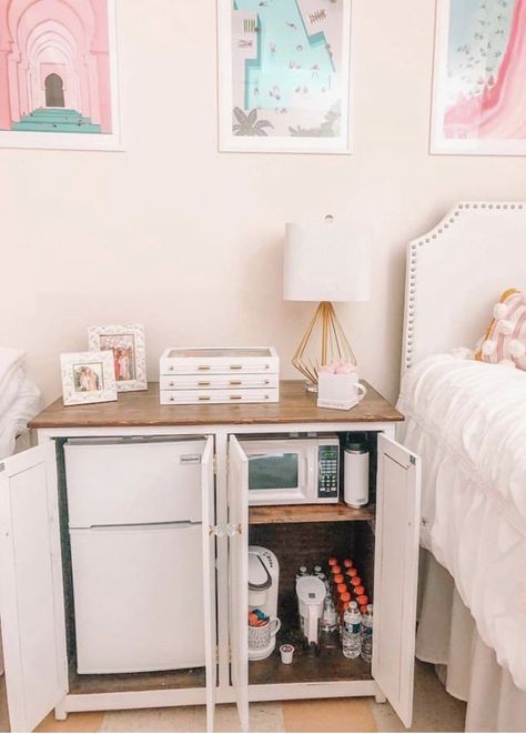 DM gab.mell to purchase! Holds fridge, microwave, and keurig! Target Dorm Room, Mini Fridge In Bedroom, Organization Dorm, Bedding Dorm, Dorm Room Kitchen, Dorm Fridge, Small Dorm, Dorm Desk, Dorm Kitchen