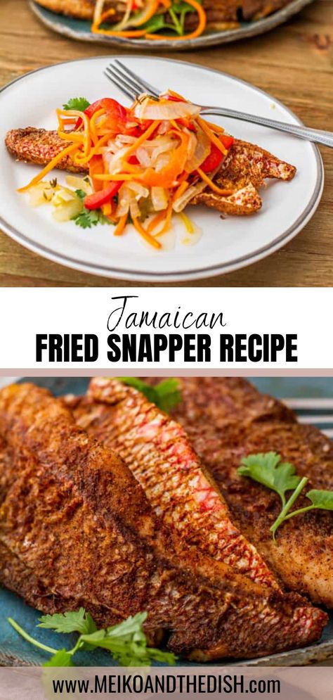 Jamaican Fried Snapper is flash fried in a hot skillet until tender on the inside and crispy on the outside then served with a spicy pickled sauce made with onions, carrots, allspice, and scotch bonnet peppers. This dinner is quick and easy to make and makes for a flavorful dinner! Baked Fish With Peppers And Onions, Jamaican Fried Fish Recipes, Jamaican Fried Red Snapper Recipes, Jamaican Snapper Recipes, Jamaican Red Snapper Recipes, Caribbean Fish Recipes, Scotch Bonnet Pepper Recipes, Jamaican Fish Recipes, Jamaican Sunday Dinner Ideas