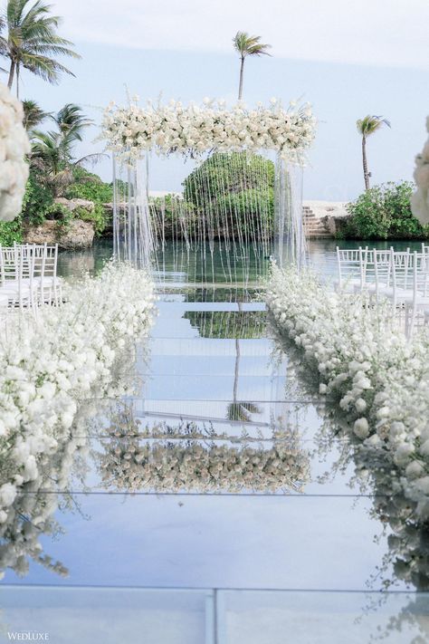 Tropical Oasis ~ WedLuxe Media Infinity Pool Wedding, Mirrored Aisle, Beach Wedding Setup, Brown Wedding Themes, Small Wedding Decor, Mykonos Wedding, Wedding Setup, Wedding Mirror, Aisle Runner Wedding