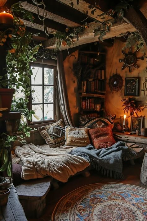 25 Witch Bedroom Ideas For A Magical And Enchanting Space Forest House Interior Design, Dnd Bedroom Ideas, Witchy Room Ideas Bedrooms, Cozy Witchy Living Room, Realistic Bedroom Ideas, Witch Bedroom Ideas, Dark Cozy Aesthetic, Dark Forest Bedroom, Witch Bedroom Aesthetic