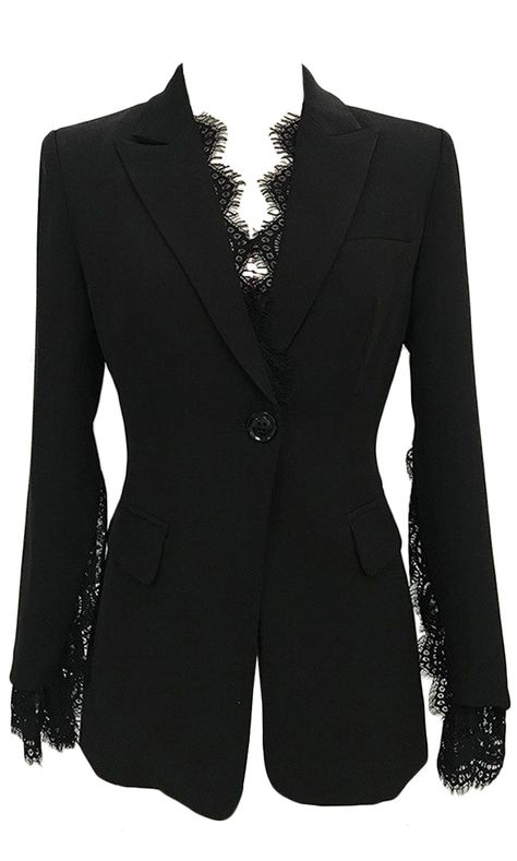 Scalloped lace trim adds an ultra-feminine edge to this classic blazer jacket. The On My Best Behavior jacket features a structured silhouette with long sleeves with sheer lace trim, a V-neckline with lace details, and a single button closure. Team it with skinny pants and pumps for a look that you can wear in the offi Lace Blazer Outfit, Goth Blazer, Blazer With Lace, Boho Wedding Summer, Lace Blazer Jacket, Black Lace Jacket, Crop Coat, Jacket With Lace, Wedding Dresses Boho