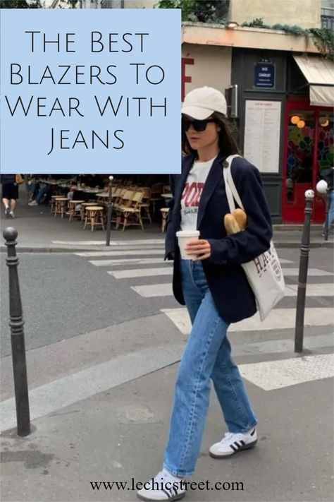 The Best Blazers To Wear With Jeans. Plenty of blazer outfits to wear with jeans. The classic jeans blazer outfit combination is chic and sophisticated way to wear denim jeans. Chic blazers outfit to style for fall fashion and winter fashion. There are even spring fashion ideas with jeans blazer outfit. #blazeroutfits #jeansoutfit #denimjeans #denimjeansoutfit #jeansblazeroutfit #blazeroutfit Tshirt Blazer Jeans Women, Suit Jacket With Jeans Women, Jeans With Black Blazer Outfit, Bootcut Jeans And Sneakers Outfit, Royal Blue Sneakers Outfit, Blazer Jeans And Sneakers Outfit, Blazer Sweatshirt Outfit, Blazer And Sweatshirt Outfit, Blazer And Tennis Shoes Outfit