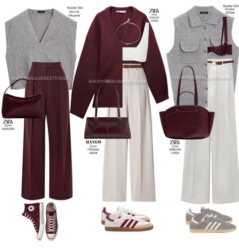 Fall Outfits Hijab, Outfit Maroon, Beige Hose, Burgundy Blazer, Burgundy Outfit, Look Adidas, Grey Outfit, Looks Street Style, Elegantes Outfit