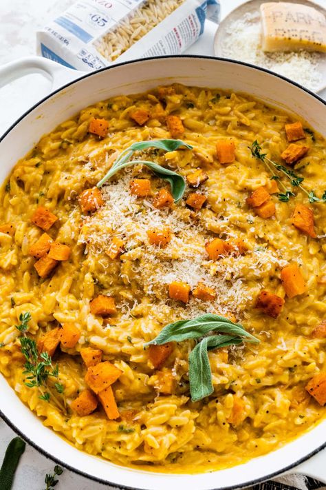 This Butternut Squash Orzo is comforting and cozy! The combination of sweet butternut squash, fragrant sage, and the subtle warmth of nutmeg creates a Butternut Squash Orzo, Squash Orzo, Cheesy Orzo, Butternut Squash Cooking, Orzo Pasta Recipes, Creamy Orzo, Orzo Recipe, Creamy Butternut Squash, Butternut Squash Risotto