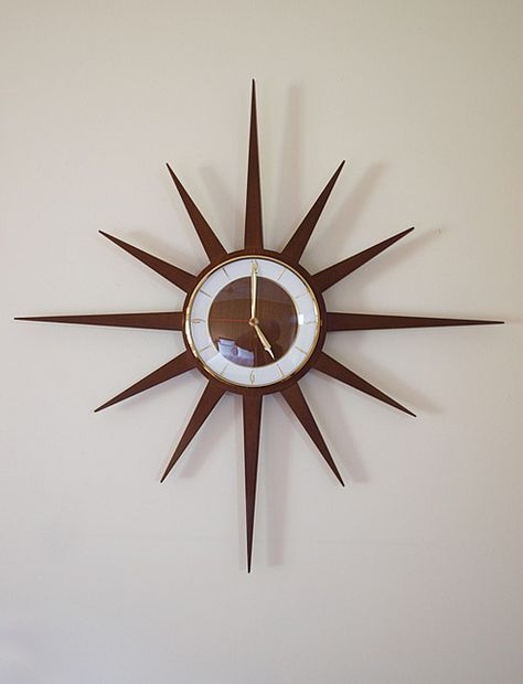 Teak Retro 60s Starburst Clock by lainheath, via Flickr, stores.ebay.com.au/the-Retro-Lane Retro Clocks Vintage, Starburst Decor, Clock Aesthetic, Starburst Clock, Atomic Decor, Sunburst Clock, Condo Living Room, Art Deco Clock, Mid Century Living