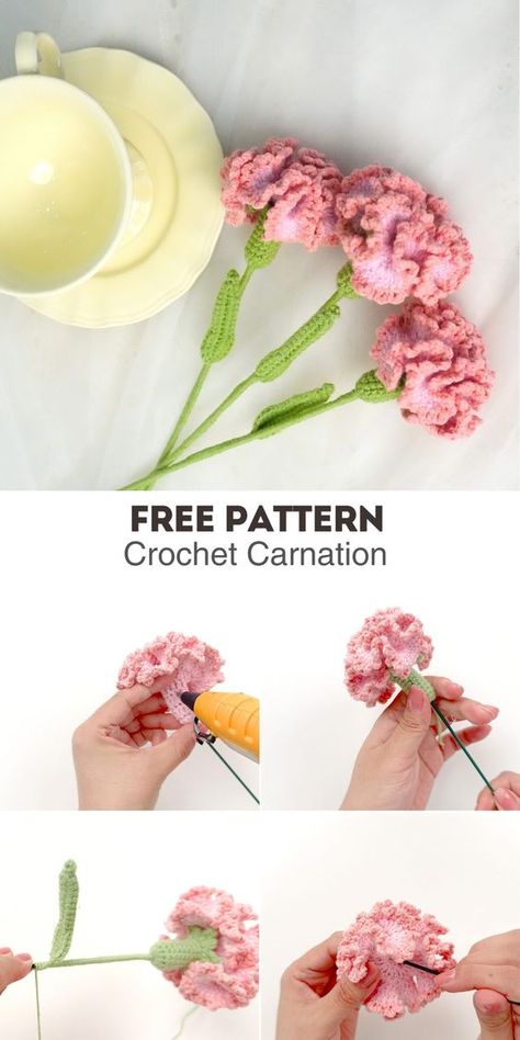 Create elegant Carnation flower motifs for various crochet projects with this versatile free pattern.