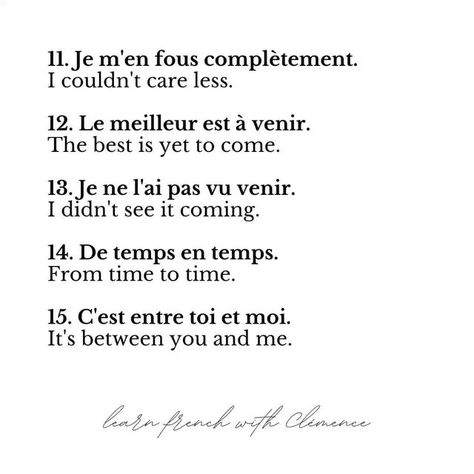 Learn French With Clémence on Instagram: "20 Daily French Phrases Can you translate the last sentence? Let me know in the comments! ***************************************** 📚 How to learn French with me: Step 1: Follow @learnfrenchwithclemence on Instagram. Step 2: Join my FREE broadcast channel “Oui oui” (LINK IN BIO) Step 3: Grab your FREE ebook “The 50 Most Common French Verbs” at www.learnfrenchwithclemence.com (LINK IN BIO) Step 4: Join our French course at www.learnfrenchwithclemence.com (LINK IN BIO) Step 5: Speak French like a pro 😎 ***************************************** 🎓 About our French course: Our French course covers everything you need to know from A1 to B2 level. What You’ll Find: ✓ 300+ Video lessons categorized by level (A1, A2, B1, B2) and topic (pronunc French Common Phrases, Quotes In French With Translation, French Phrases Beautiful, French Bio, Phrases In French, Cute French Words, How To Learn French, French Proverbs, French Words With Meaning