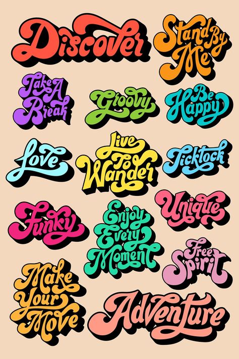 Colorful funky stylized script font sticker set on a beige background vector | free image by rawpixel.com / Tvzsu Vector Stickers, Font Sticker, Alfabet Font, Bold Script Font, Typographie Inspiration, Funky Fonts, Vintage Logos, Background Colorful, Design Brochure