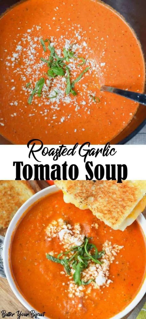 Homemade Tomato Soup Roasted, Roasted Garlic Tomato Soup Recipe, Roasted Garlic Tomato Soup, Garlic Tomato Soup, Tomato Bisque Recipe, Roasted Tomato Soup Recipe, Roast Tomato Soup Recipe, Parmesan Croutons, Tomato Bisque Soup