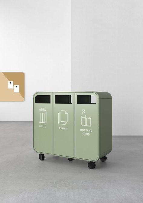 Cloud is a mobile recycling system in MDF and doors of powder coated steel designed to fit into a modern work environment where flexibility and aesthetics are two key factors. This is reflected in the simple and classy design with the characteristic rounded corners and the bold wheels that invite you to move Cloud around. Office Recycling Bins, Recycle Interior, Module Design, Locker Designs, Food Cart Design, Reindeer Moss, Urban Furniture, Coffee Print, Workplace Design