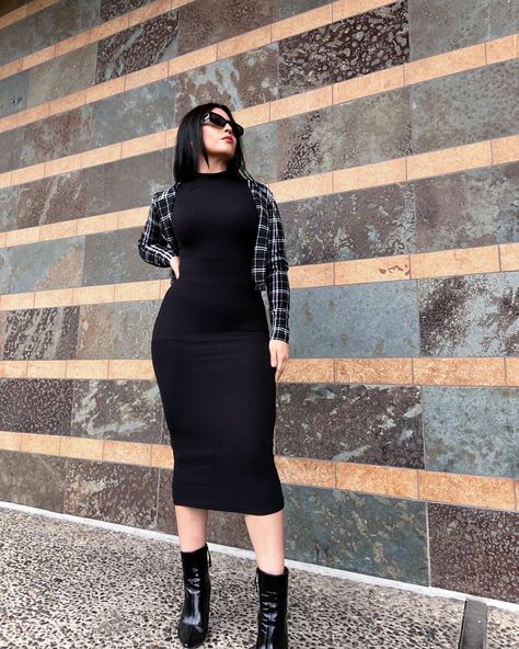 Black Heeled Booties Outfit, Black Dress Outfit For Work, Outfits For Court, Black Dress Fall Outfit, Casual Black Dress Outfit, Long Black Boots Outfit, Dress Outfits Women, Full Custody, Black Dress Long Sleeve