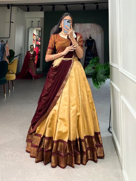 Kanchipuram Lehenga, South Indian Culture, Zip Stitching, Onam Outfits, Simple Lehenga, Cotton Lehenga, Trendy Outfits Indian, Half Saree Lehenga, Long Gown Design