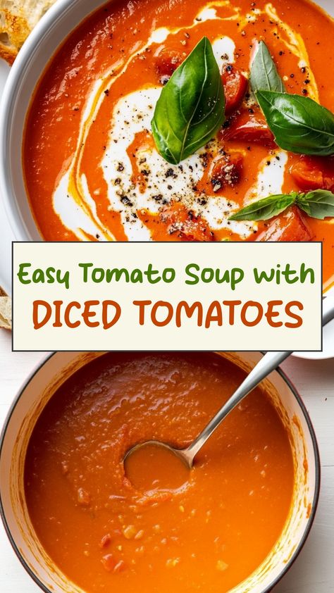 Indulge in the comforting flavor of homemade tomato soup with diced tomatoes. This easy recipe is perfect for a cozy night in or a quick lunch. With just a few ingredients, you can whip up this classic soup that is full of rich, savory goodness. Serve it alongside grilled cheese or enjoy it on its own for a satisfying meal that will warm you from the inside out. Whether you're cooking for your family or hosting guests, this tomato soup is sure to be a hit. Hi Made Tomato Soup, Tomato Soup From Crushed Tomatoes, How To Thicken Tomato Soup, Tomato Soup From Canned Diced Tomatoes, Easy Tomato Soup Recipes Quick, Homemade Tomato Soup Canned Tomatoes, What Can I Do With Tomatoes, Diced Tomato Soup, Tomato Basil Soup With Canned Tomatoes