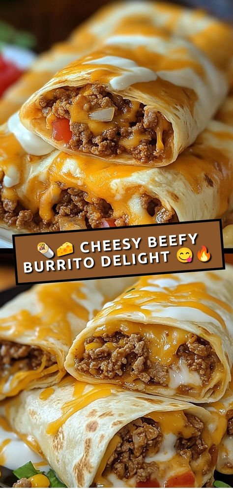 Savor these cheesy beefy burritos packed with seasoned ground beef, gooey cheese, and topped with salsa—perfect for any meal!  Ingredients:  1 lb ground beef 1 cup cooked rice 1 cup shredded cheddar cheese 4 large flour tortillas Loaded with flavorful beef, melty cheese, and a kick of salsa, these burritos are a comforting and delicious choice for lunch or dinner! Meals For Hamburger Meat, Ground Beef Recipes With Tortillas, What’s For Dinner Ground Beef, Ground Beef With Tortilla Recipes, Low Carb Beef Burritos, Supper Ground Beef Recipes, Ground Beef Wraps Flour Tortillas, Easy Dinner Recipes For Family Of 4, Flour Tortilla Dinner Ideas