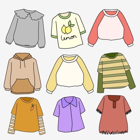 sweater,fashion element,clothes element,fashion,hand drawn clothes,shirt,sweater illustration,clothes illustration,cute clothes,blue clothes,green clothes,pink,green,blue,purple,yellow,brown,hand,cute,drawn,hand clipart,cute clipart,shirt clipart,drawn clipart,fashion clipart,blue clipart,sweater clipart,yellow clipart,green clipart,pink clipart,purple clipart Cartoon Style Clothes, Cartoon Shirts Drawing, Cartoon Shirt Drawing, Sweater Outfits Drawing, Fashion Outfits Cartoon, Clothes Drawing Easy, Sweater Drawing Reference, Shirt And Sweater Outfit, Cute Clothes Drawing