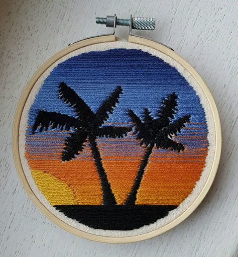 Sunrise Embroidery Pattern, Sunset Embroidery Easy, Beach Sunset Embroidery, Sunset Embroidery Pattern, Surfing Embroidery, Sunset Embroidery, Embroidery Beach, Nova Art, Hand Embroidery Videos