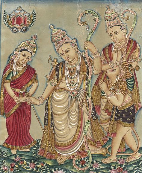 A painting of Rama, Sita, Lakshman and Hanuman INDIA, MYSORE, EARLY 20TH CENTURY साईं बाबा, Rama Sita, Mysore Painting, Buddhist Art Drawing, Scratchboard Art, Kerala Mural Painting, Pichwai Paintings, Hinduism Art, Indian Painting