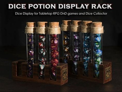 Potion Display, Dice Display, Fantasy Potion, Dnd Room, Dice Holder, Wooden Dice, Dragon Dies, Dungeons And Dragons Dice, Wooden Rack