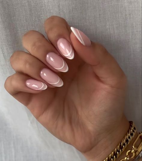 French Nails Double Line, Two Line French Nails, Double Line French Tip Nails, Double French Tip, Almond Nail Art, Almond Nail, French Tip Nails, Almond Nails, French Nails