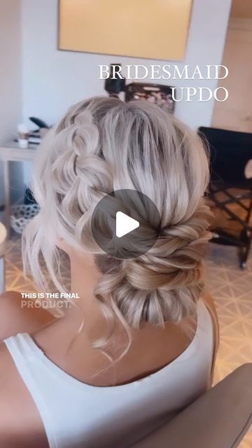 Front Views Of Updos, Side Braid Low Bun Wedding Hair, Braidsmaid Hairstyles For Long Hair, Updo With Extensions Wedding, Mom Hair Styles For Wedding, Up Do For Wedding Bridesmaid, Sock Bun Wedding Hair, Braided Updo Tutorial Videos, Diy Bridesmaid Updo