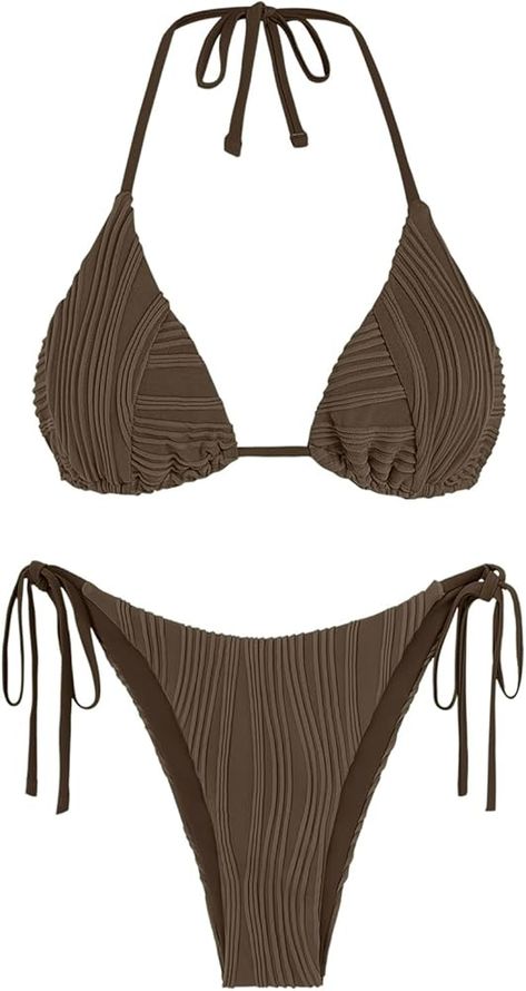 Amazon.com: ZAFUL Womens Two Piece Bathing Suit Ribbed Halter Bikini Set High Cut Tie Side Bikini Bottom Swimsuit Deep Coffee XS : Clothing, Shoes & Jewelry Roselyn Sanchez, Chic Swimsuit, Padded Swimwear, Zaful Bikinis, Jennette Mccurdy, Beach Bathing Suits, Christie Brinkley, Women Bathing, Women Halter