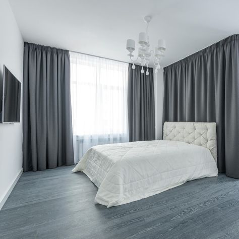 Oc Flooring Pros | Hardwood and Carpet Installers (@ocflooringpros) • Instagram photos and videos Windows In Bedroom, Grey Curtains Bedroom, Curtains Holder, Curtains For Grey Walls, Dark Grey Curtains, Palette Living Room, Studio Apartment Decor, Charcoal Curtains, Color Palette Living Room