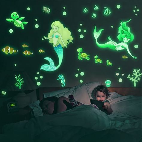 MESU Glow in The Dark Mermaid Wall Decals Sea Turtle Luminous Sticker Seahorse Ceiling Decor for Girls Room Nursery Mermaid Princess Mural, Nursery Mermaid, Mermaid Wall Decals, Baby Wall Stickers, Dark Mermaid, Mermaid Bedroom, Mermaid Room, Room Decals, Cartoon Wall