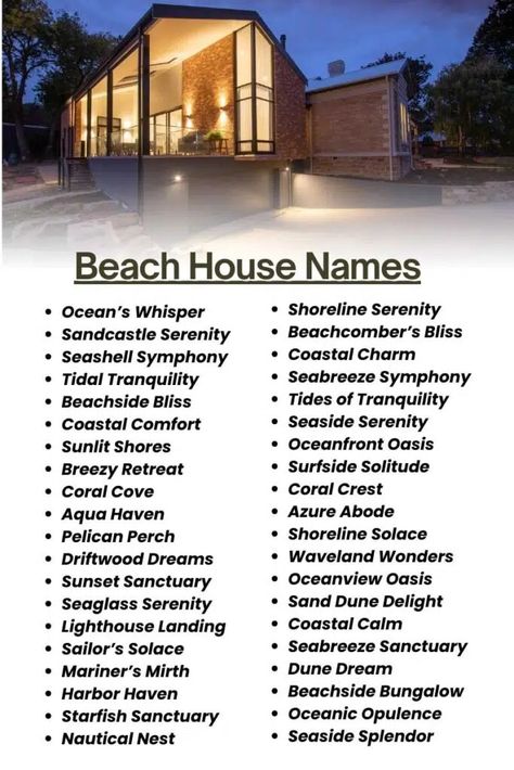 Beach House Names Names Of Rooms In A House, Villa Names Ideas, Beach House Names Ideas, Cottage Names Ideas, House Names Ideas, Spanish Beach House, Beach Names, Luxurious Beach House, Beach House Names