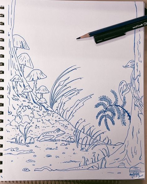 Simple ink drawing of a forest floor 🌱🍄🐸 #art #forestfloor #forestart #drawing #sketchbookpage Simple Forest Landscape Drawing, Drawings Of Forest, Fairy Forest Drawing Simple, Mythical Tree Drawing, Forest Leaves Drawing, Forest Floor Art, Easy Forest Sketch, Fantasy Forest Sketch, Forest Ground Drawing