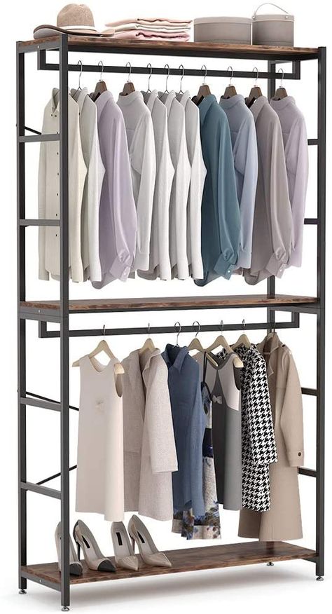 Amazon.com: Tribesigns 47 inches Double Rod Closet Organizer, Freestanding 3 Tiers Shelves Clothes Garment Racks, Large Heavy Duty Clothing Storage Shelving Unit for Bedroom Laundry Room (Vingtage Walnut): Home & Kitchen Double Rod Closet, Garment Rack Bedroom, Standing Closet, Bedroom Laundry Room, Free Standing Closet, Metal Clothes Rack, Bedroom Laundry, Portable Wardrobe, Portable Closet