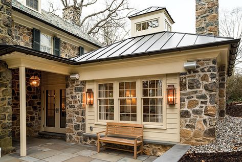 New Ideas Freshen Up an Old Home Metal Roof Colors, Family Room Addition, Standing Seam Metal Roof, Kitchen Addition, Roof Colors, Stone Cottage, Backyard Living, Exterior Stone, Outdoor Kitchens