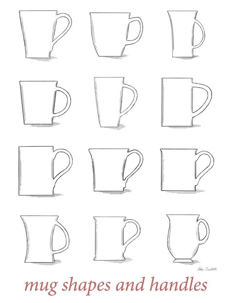 Pottery Illustrated: Mug Shapes and Handles Pottery Mugs Designs, Different Types Of Mug Handles, Cup Shapes Pottery, Cup Handles Pottery, Ceramic Mugs Shapes, Handles Ceramic Mugs, Ceramic Forms Shape, Wheel Thrown Mugs Shape, Making Handles For Pottery