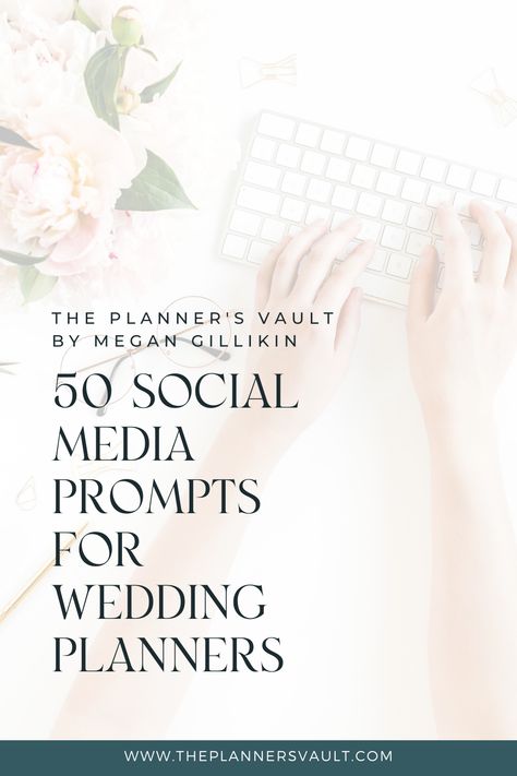 50 Social Media Prompts for Wedding Planners | Wedding Business Growth | Planner Education. Download my FREE Instagram prompts for wedding planners now! This freebie will give you 50 days’ worth of social media content just for wedding planners! Discover wedding planner ideas, event planner tips, event planning tips, wedding planner guides, and more! Visit www.theplannersvault.com today! Wedding Planner Ideas, Social Media Prompts, Instagram Prompts, Event Planers, Wedding Day Checklist, Wedding Planning Business, Event Planning Tips, Planner Tips, Wedding Business