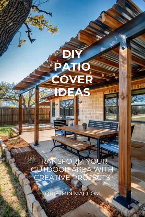 Build your own pergola and more with our DIY patio cover instructions. #BuildItYourself #DIYPergola Diy Back Porch Pergola, Galvanized Patio Cover, Building An Awning Over Patio, Diy Covered Porch Budget, Back Porch With Pergola Patio Ideas, Diy Outdoor Covered Patio, Build Patio Cover, Covering Deck Ideas, Patio Cover Plans Diy