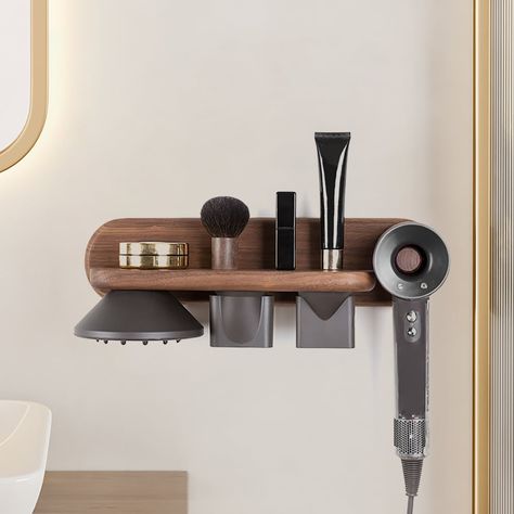 Wood Hair Dryer Holder Rack in Walnut with Accessories Storage & Shelf | Homary Dyson Hair Dryer Display Stand, Dyson Blowdryer Storage, Dyson Station, Hair Straightener Wall Holder, Dyson Blow Dryer Storage, Salon Hot Tool Storage, Dyson Hairdryer Storage, Dyson Air Wrap Organization, Rangement Dyson