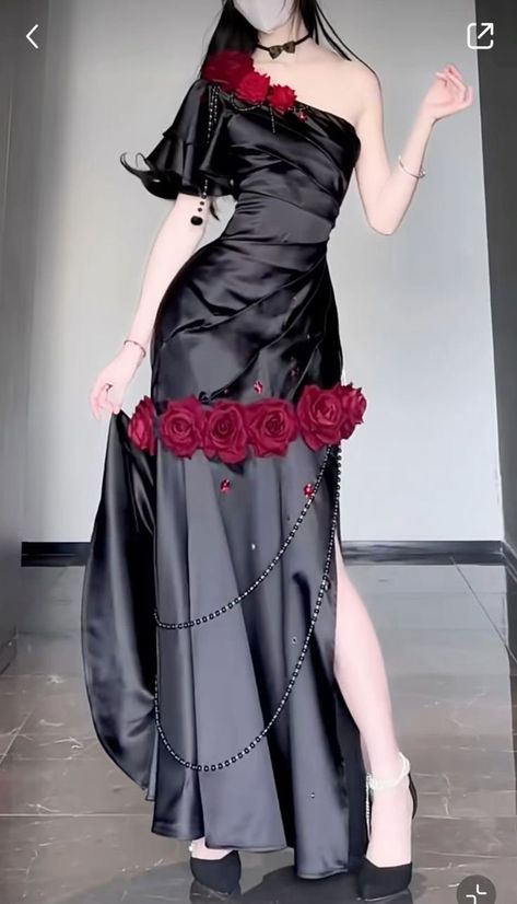 Idea For Dress Design, Chinese Dress Aesthetic, Dress Ideas Aesthetic, Rose Inspired Outfits, Dress Art Reference, Cute Dress Designs, Asymmetrical Dress Formal, Elegant Red Dresses, Dresses Reference