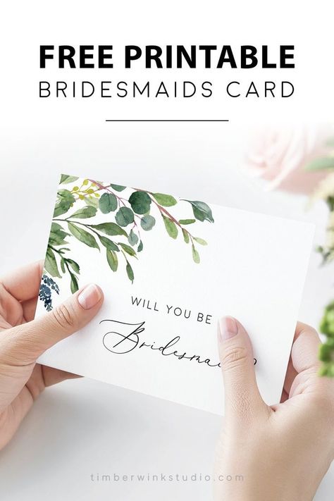 Green! It may be a trend, but it will always be beautiful and timeless! This free printable DIY bridesmaids card features watercolour green leaves and florals. Our easy to use templates are for brides with time constraints and keeping a low budget. This card is part of the entire wedding stationery with printables for all the items you will require for a greenery inspired wedding.  #freeprintable #freedownload #freetemplates #freeweddingstuff #free #bridesmaidscard #freebridesmaidscard Printable Bridesmaid Proposal Free, Watercolour Greenery, Summer Bridal Shower Favors, Wedding Freebies, Bridal Shower Favors Diy, Wedding Planning Printables, Stag Night, Free Wedding Invitation Templates, Free Wedding Planning Checklist