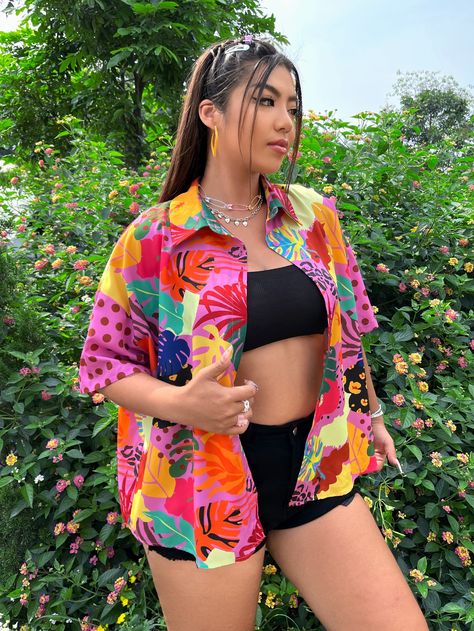 Multicolor Bohemio Collar manga media Tela Lunares,Tropical Camisa Embellished No-Elástico Verano Tropical Shirt Outfit, Hawaiian Party Outfit, Bonnaroo Outfits, Hawaiian Outfit Women, Hawaiian Shirt Outfit, Lollapalooza Outfit, Pool Party Outfits, Festival Outfits Women, Tropical Outfit