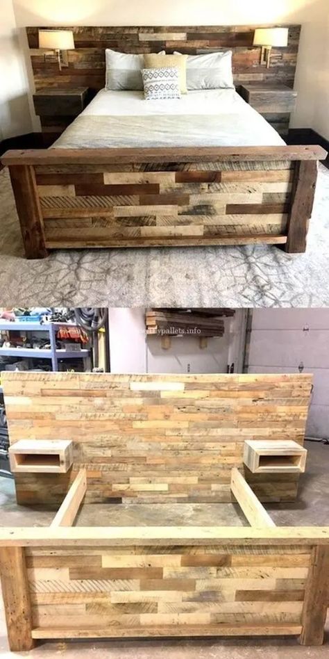 Diy Seng, Wooden Pallet Beds, Head Boards, Diy Pallet Bed, Table Woodworking, Furniture Woodworking, Pallet Headboard, Rustic Woodworking, Pallet Bed