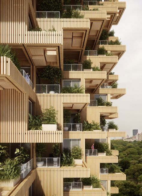 Wood would also clad the building's staggered walls, and trees would grow from the homes' generous balconies. Modern Masonry, Green Building Architecture, Wood House Design, Modern Appartement, Balkon Decor, Facade Architecture Design, Timber Buildings, Apartment Architecture, Green Architecture