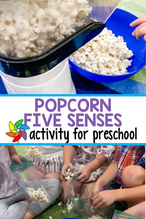 You’ve been teaching your preschoolers all about their sense of sight, sound, smell, touch, and taste. You’ve done art projects, set up science centers, and read tons of books. Try this popcorn activity with your preschoolers for a fun, festive, culminating lesson on the Five Senses. #fivesenses #preschoolactivity Popcorn Activity, 5 Senses Activity, Five Senses Activity, Senses Activity, Five Senses Preschool, 5 Senses Activities, Taste Sense, Sensory Activities For Preschoolers, Senses Preschool