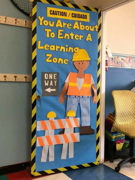 Cute construction theme Construction Zone Classroom, Construction Classroom Theme Ideas, Construction Door Decorations, Building A Brighter Future Theme, Construction Theme Classroom Door, Building Theme Classroom, Construction Theme Decor, Construction Theme Decorations, Building Classroom Theme