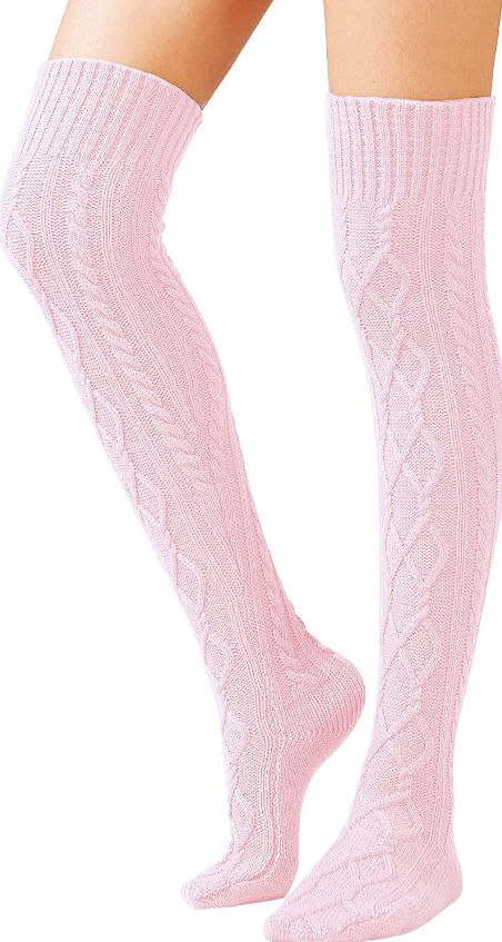 Cable Knit Thigh High Socks, Light Pink Fall Outfit, Pink Thigh Highs, Clawdeen Costume, Pink Winter Dress, Pink Winter Outfits, Pink Thigh High Socks, Bday Dresses, Goal Outfits